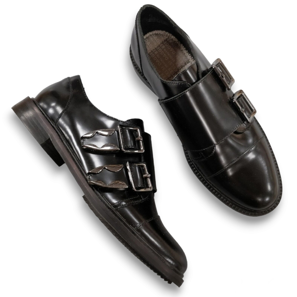 KDB Kelsi Dagger Brooklyn Monk Strap Buckled Loafers Black Leather Size 6.5